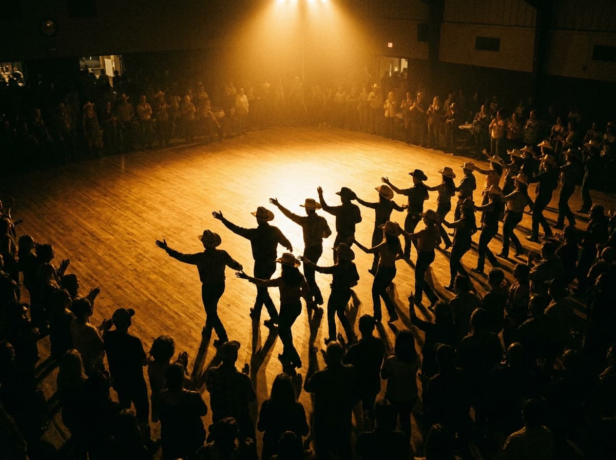 Voller Saal beim Line Dance im warmen Scheinwerferlicht