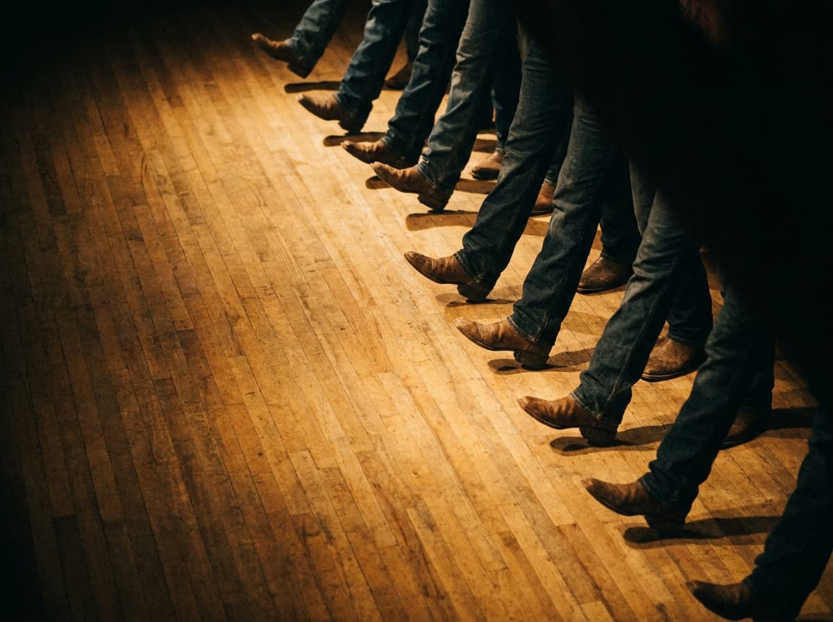 Synchrone Stiefel-Schritte auf dem Tanzboden