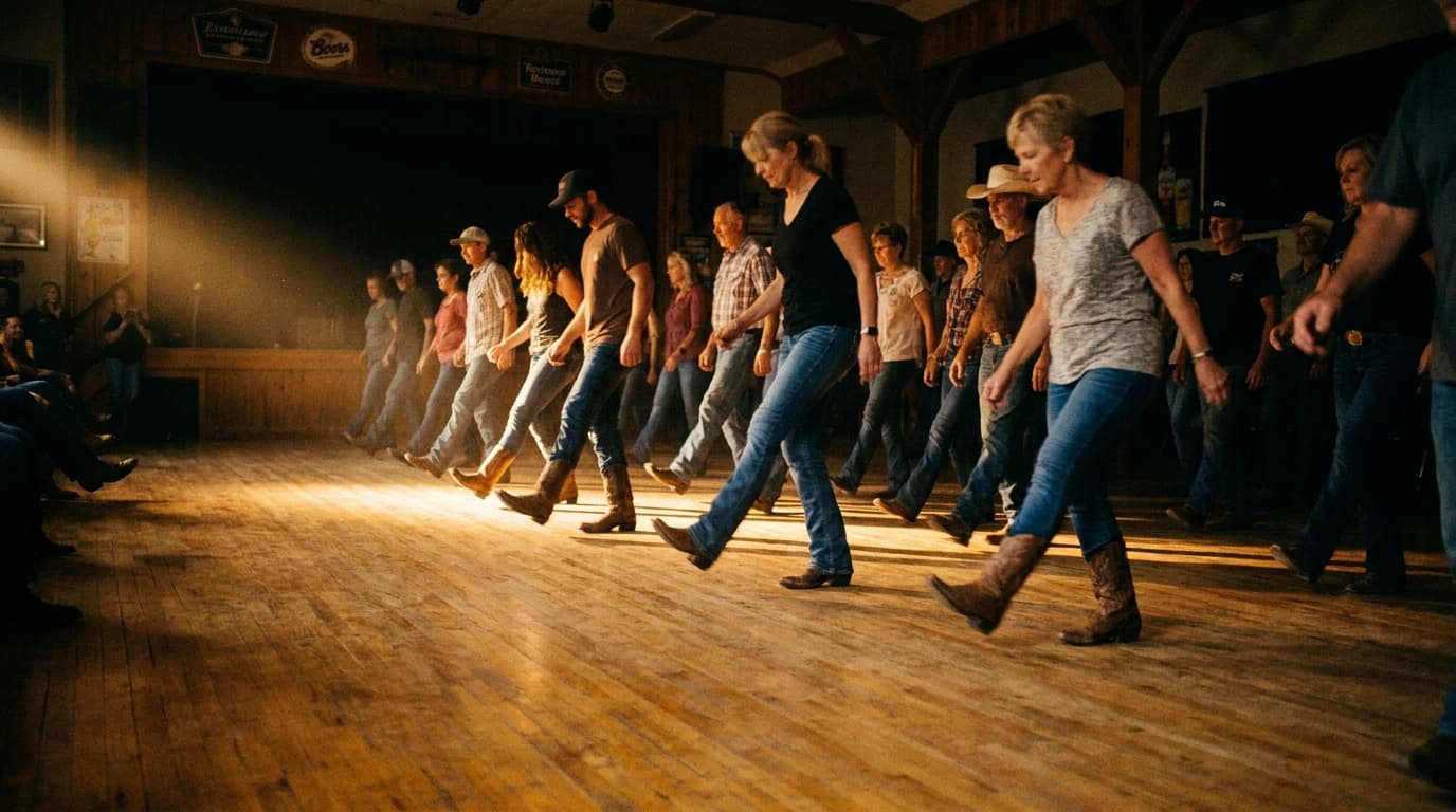 Crazy Line Dancer Odelzhausen: Tänzer:innen in synchroner Bewegung auf dem Tanzboden im warmen Bühnenlicht