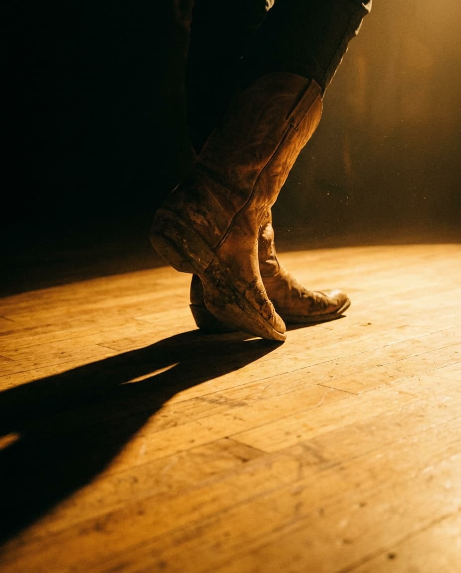 Stiefel im Scheinwerferlicht auf dem Tanzboden