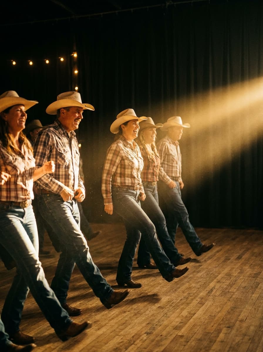 Country Line Dance: Tänzer:innen mit Hut und Stiefeln bei einer Western-Choreografie